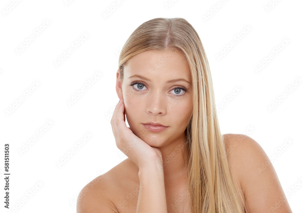 The feeling of soft and smooth skin. A beautiful young blonde woman posing in front of a white background.