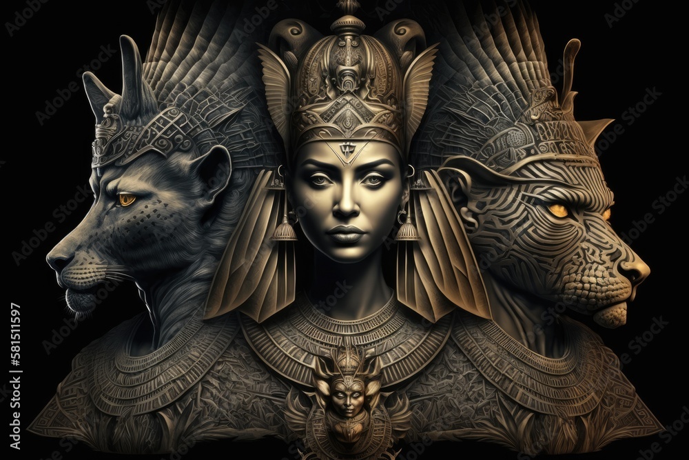 Two Egyptian sphinxes and a queen in raster form on a dark background. Generative AI