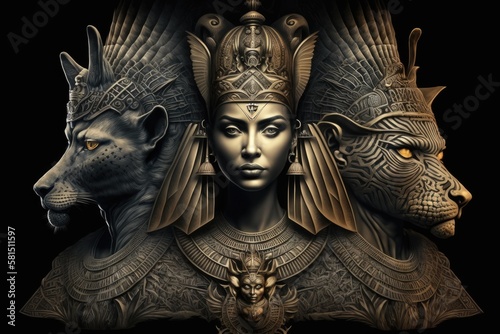 Two Egyptian sphinxes and a queen in raster form on a dark background. Generative AI