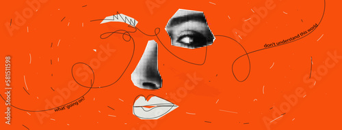 Punk face collage. A concept on anxiety and confusion. Movement on an abstract background. Eyes and nose in collage style. Vector illustration.