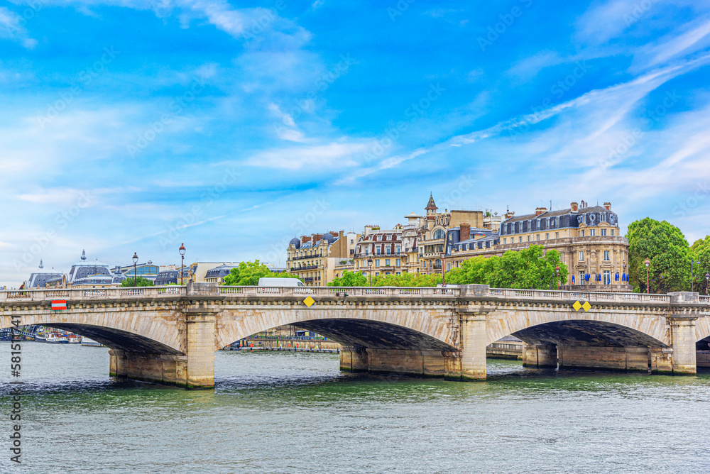 Paris, the Concorde bridge on the Seine. View of Pont de la concorde and Place de la Concorde in Paris, France.