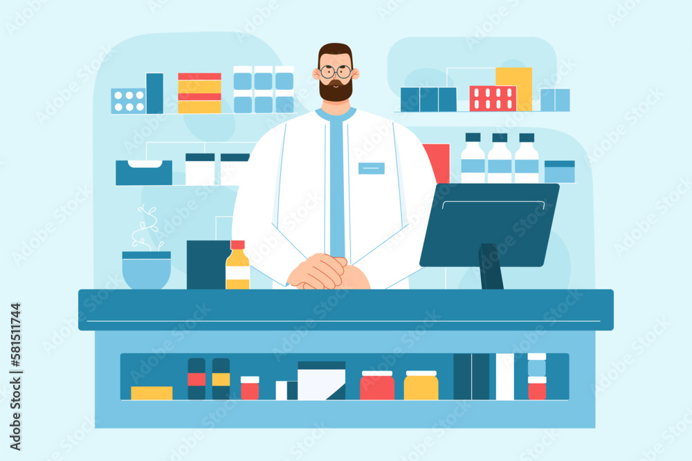 Pharmacy store with pharmacist standing at drugstore counter vector illustration. Cartoon man selling pills in modern medical shop interior with medications, vitamins and drugs on shelves and computer