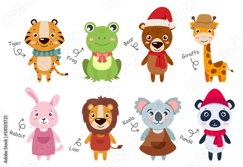Wildlife animals collection . Flat design cartoon characters . Tiger Frog Bear Giraffe Rabbit Lion Koala Panda . Vector .