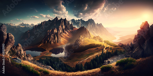 Beautiful landscape with mountains and lake, sunset panorama in the mountains, AI generated
