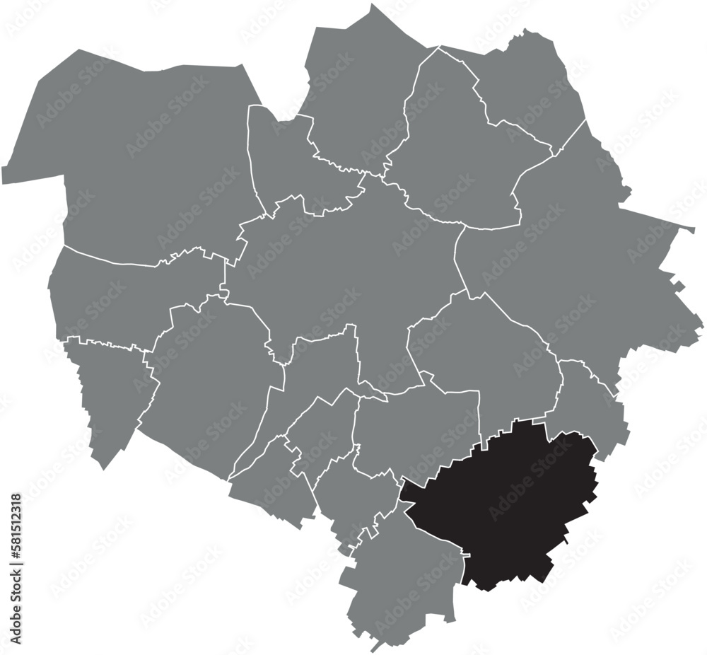 Fototapeta premium Black flat blank highlighted location map of the HARMIGNIES DISTRICT inside gray administrative map of MONS, Belgium