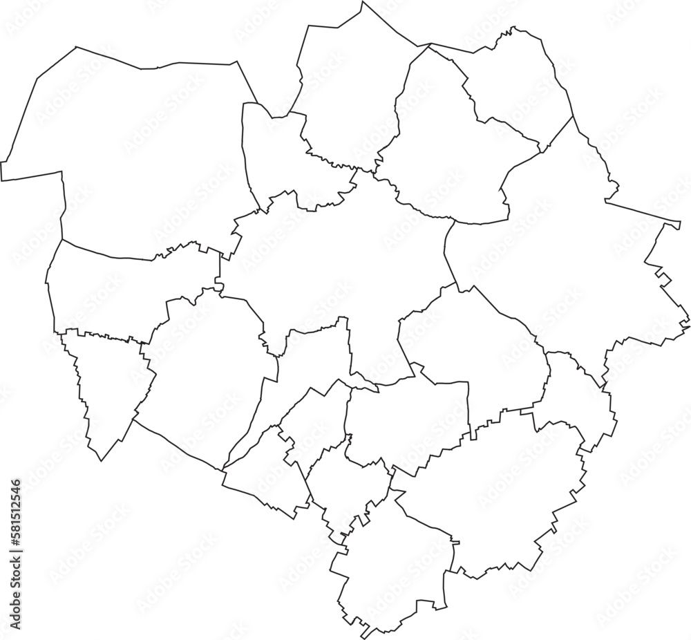 White flat vector administrative map of MONS, BELGIUM with black border lines of its districts