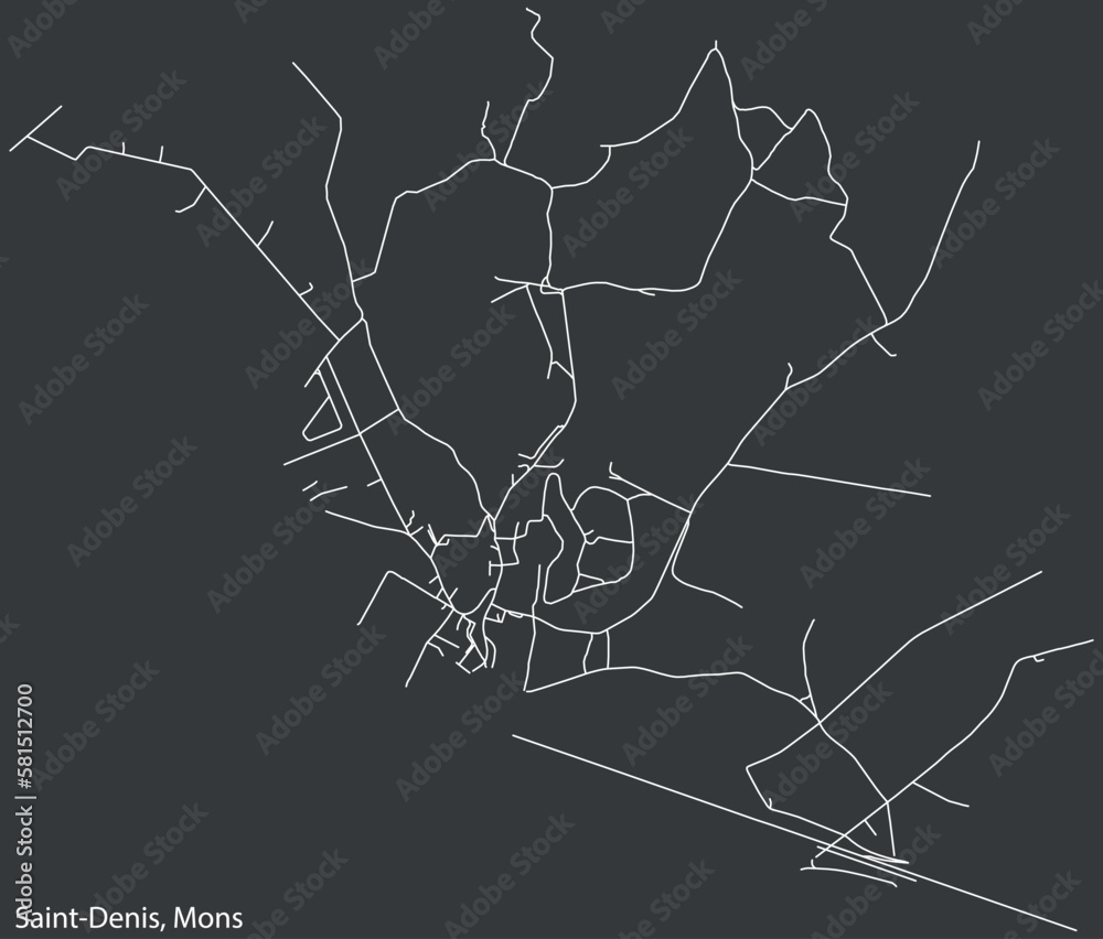 Detailed hand-drawn navigational urban street roads map of the SAINT-DENIS DISTRICT of the Belgian city of MONS, Belgium with vivid road lines and name tag on solid background