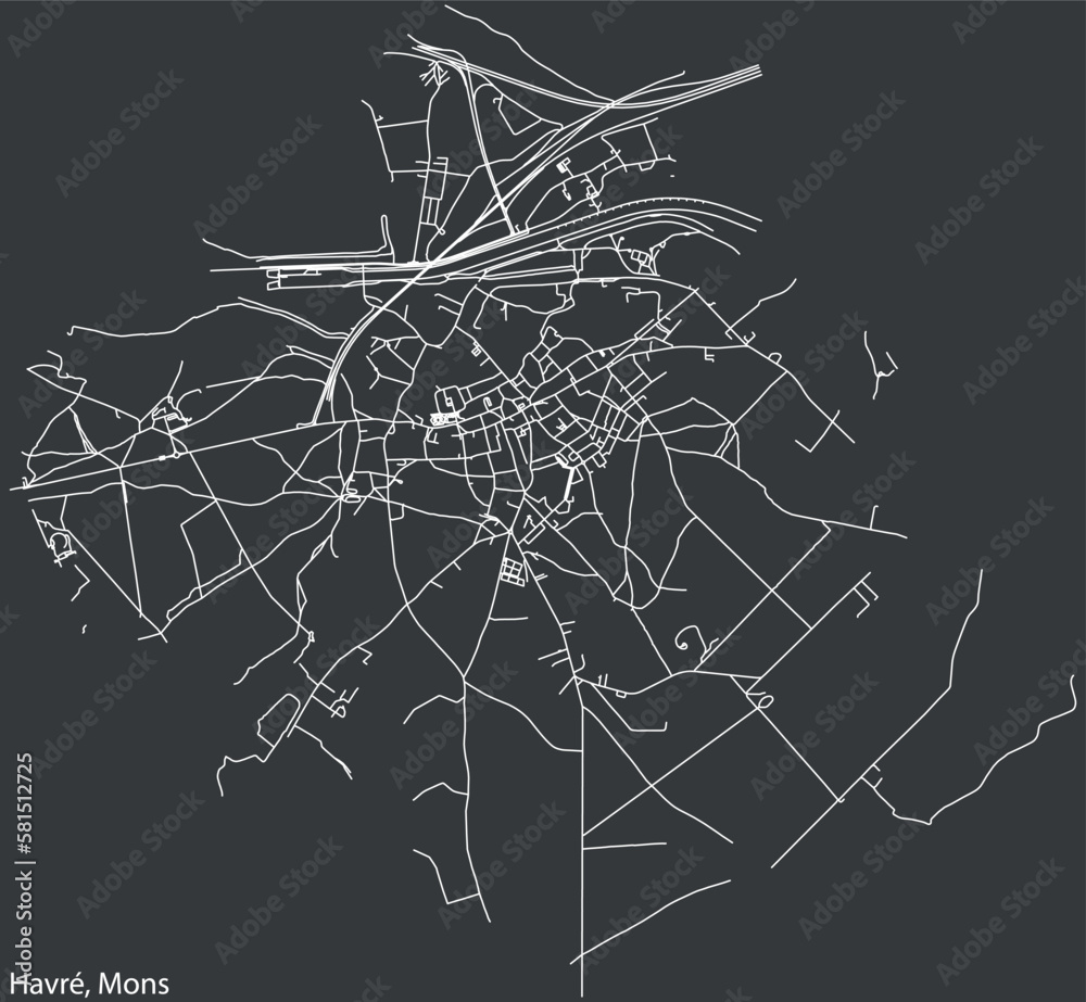 Detailed hand-drawn navigational urban street roads map of the HAVRÉ DISTRICT of the Belgian city of MONS, Belgium with vivid road lines and name tag on solid background