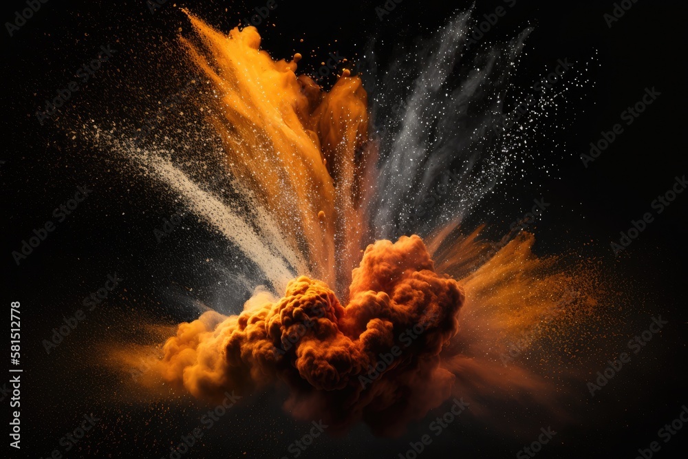 Fototapeta premium eruption of orange powder against a dark background. cloud with color. Bright dust explodes. Color Holi. Generative AI