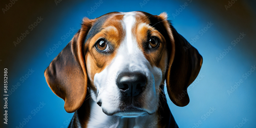 Beagle portrat over a blue luminous background - Domestic dog picture - Animal photo