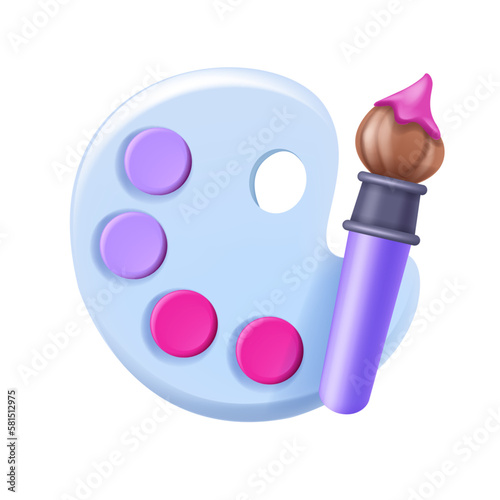 3D palette icon, vector cartoon kid paint acrylic paint, brush, children drawing school logo. Education tool, artist craft creative color hobby sign painting classroom concept. 3D hand palette clipart