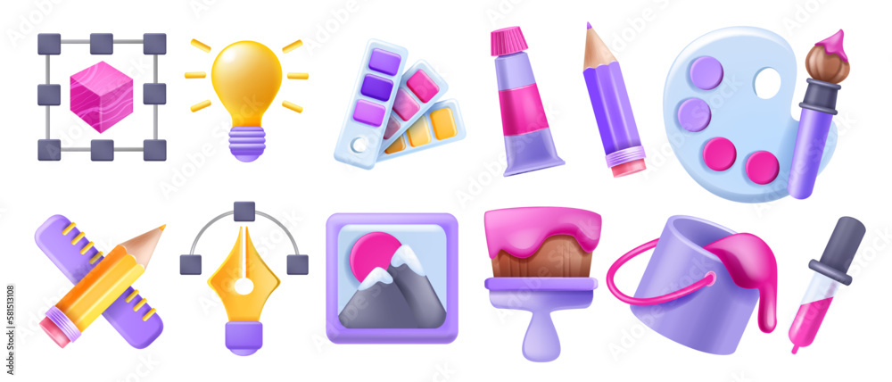 3D design art icon set, customise graphic creative badge kit, vector paint bucket brush, idea bulb. Designer digital tools project sign collection, pencil, pipette, website create process. Design icon - obrazy, fototapety, plakaty 