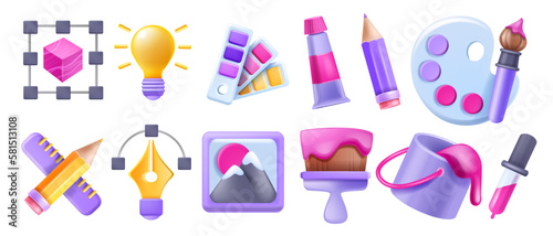 3D design art icon set, customise graphic creative badge kit, vector paint bucket brush, idea bulb. Designer digital tools project sign collection, pencil, pipette, website create process. Design icon