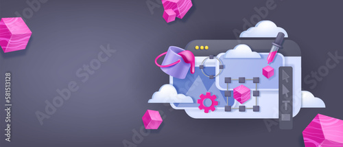 3D UX design banner, vector UI web page, program interface concept, cartoon window software. Visual creative content, tools panel, clouds, tablet screen program development. UX design abstract process