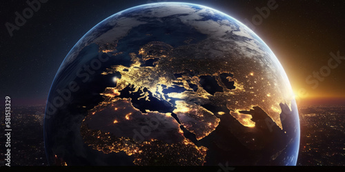 City lights throughout Europe can be seen connecting European nations as Earth's sunrise is seen from orbit. features from NASA. electricity, the world, and global communication - Generative AI