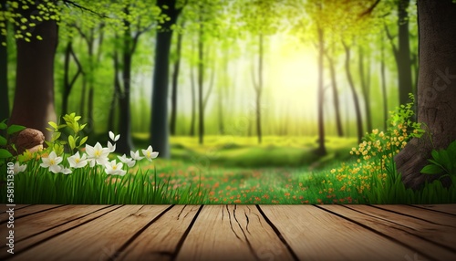Wooden table and spring forest background  generative ai