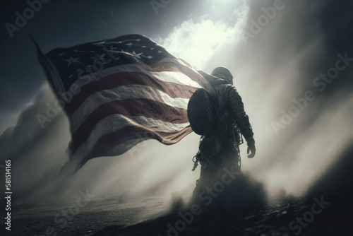 AI generated american hero patriot man at dark USA flag background blowing wind