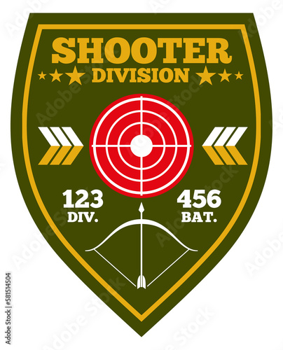 Shooter division logo. Shield shape arher camp emblem photo