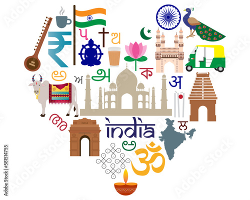 illustration of the Indian Famous attraction sets in heart shape