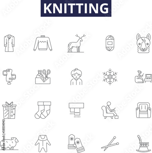Knitting line vector icons and signs. yarn, pattern, loom, crochet, weave, wool, stitch, purl outline vector illustration set