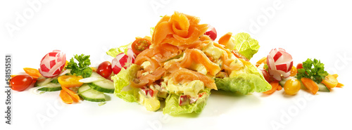 Low Carb Egg Salad with Salmon Rose and Vegetables. Panorama isolated on white Background.