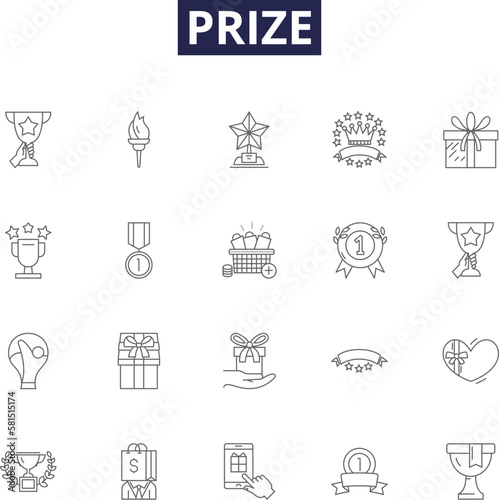 Prize line vector icons and signs. Reward, Booty, Bounty, Premium, Plunder, Booty, Stipend, Trophy outline vector illustration set