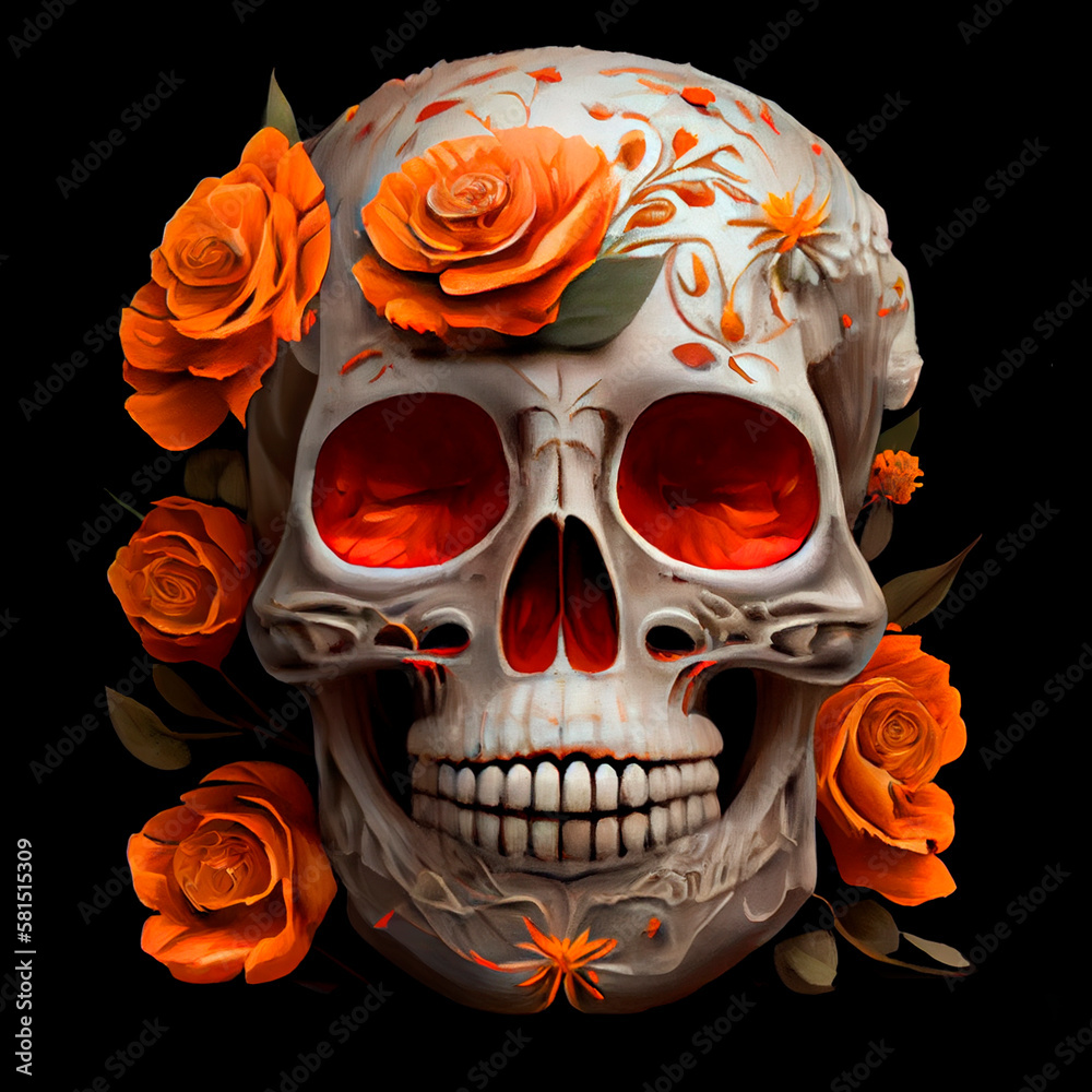 Painted colorful Cinco de Mayo skulls in a vibrant Mexican style with a bouquet of traditional flowers. Generative AI technology. Painted colorful Cinco de Mayo skulls in a vibrant Mexican style with a bouquet of traditional flowers. Generative AI technology.