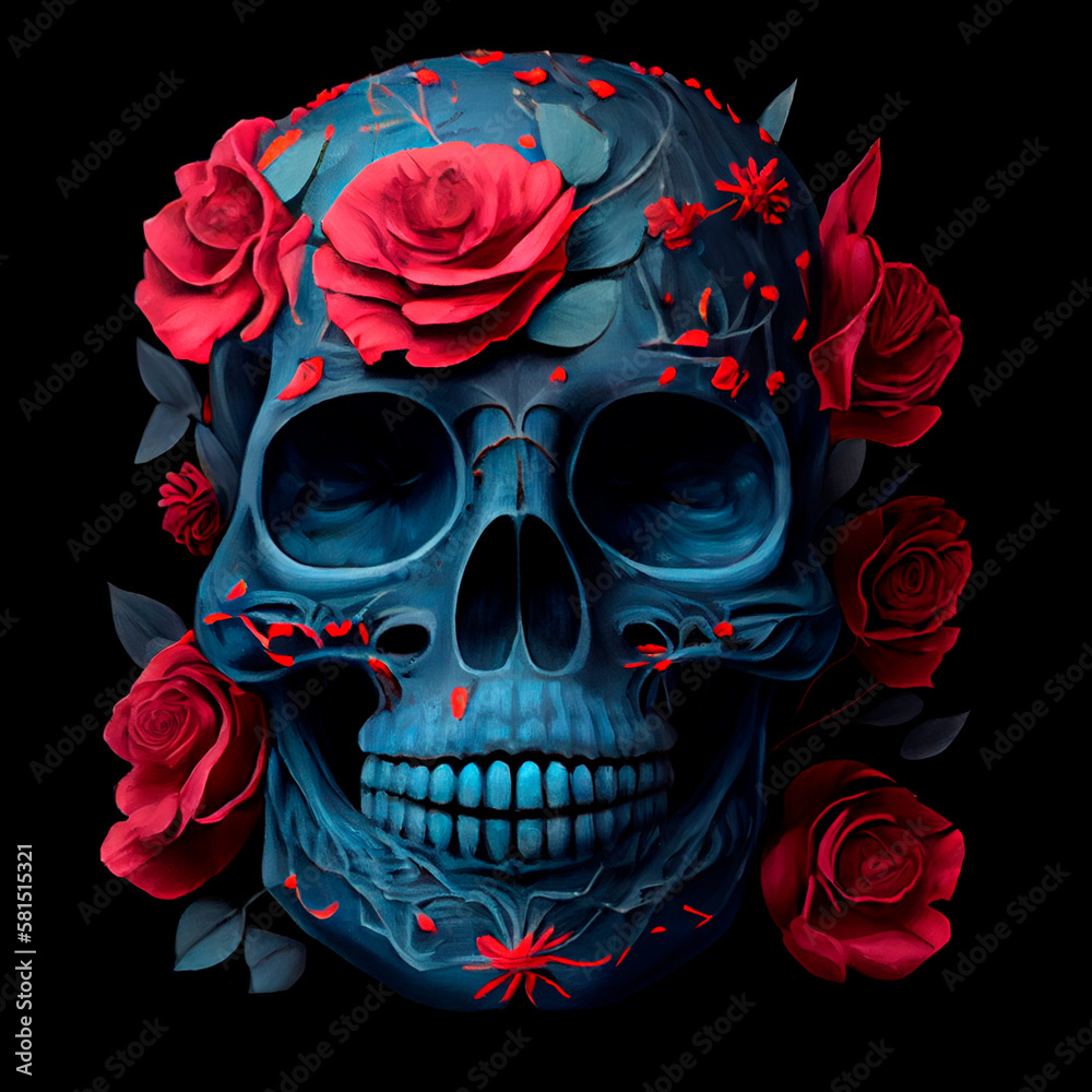 Painted colorful Cinco de Mayo skulls in a vibrant Mexican style with a bouquet of traditional flowers. Generative AI technology. Painted colorful Cinco de Mayo skulls in a vibrant Mexican style with a bouquet of traditional flowers. Generative AI technology.