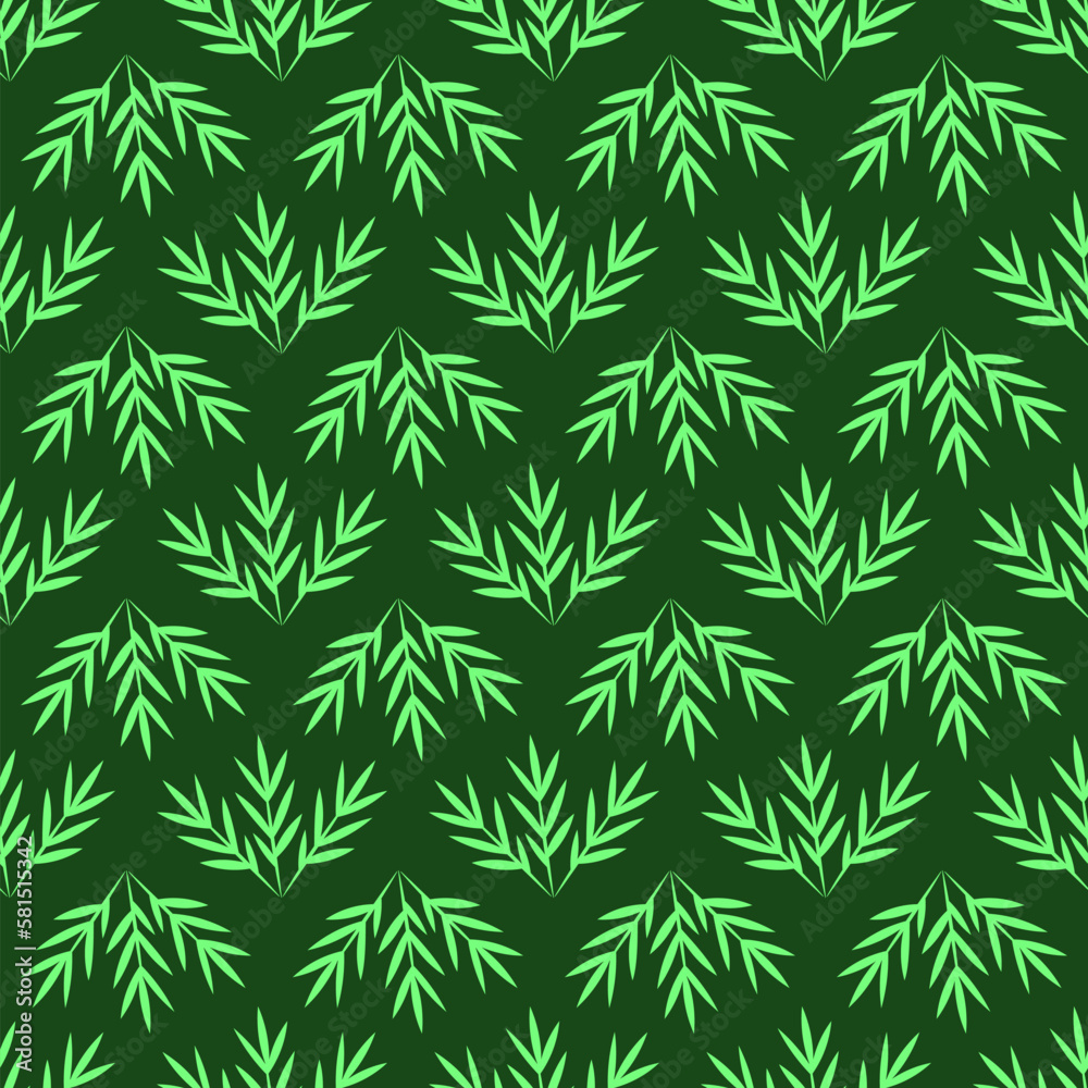 Seamless vector pattern of vibrant green leaves on dark green background