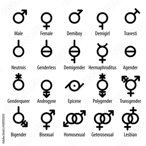 Gender symbols and Sexual orientation Icons Set on white background for any used.Male, female, transgender, gay, lesbian, bisexual, bigender, travesti, genderqueer, androgyne, asexual lgbt.