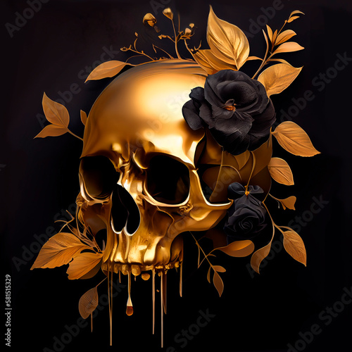 Golden skull with black isoloty flowers, botanical elements. Generative AI technology.