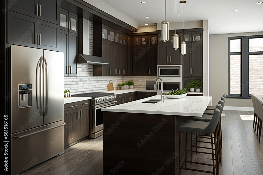 Modern kitchen interior with Home decoration. Luxury stylish with counter bar and cooking equipment. Modern design background with Generative AI. Modern kitchen interior with Home decoration. Luxury stylish with counter bar and cooking equipment. Modern design background with Generative AI.