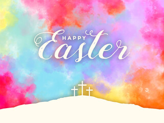 Spring season greeting card design with Happy Easter typography holiday script over beautiful watercolor paints background texture with three Christian crosses on hill of calvary illustration