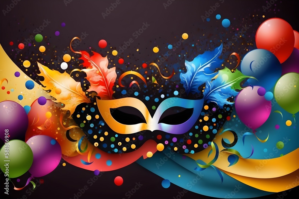 Carnival mask on birthday party background with confetti and air balloons, AI generated