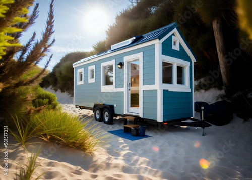 Blue modern tiny house on wheel standing on the beach. Seaside. Generative AI