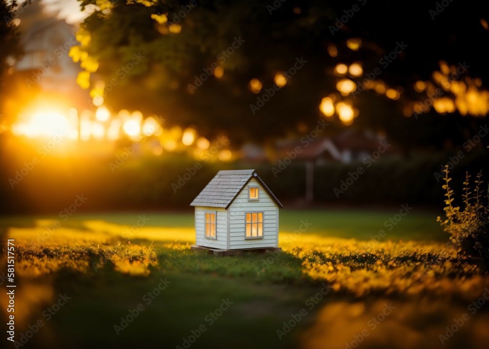 Small micro house model in the garden. Sunset. Concept. Generative AI Small micro house model in the garden. Sunset. Concept. Generative AI