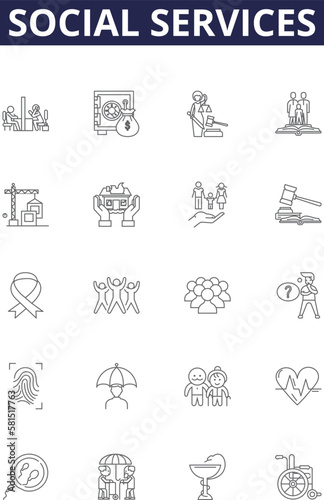 Social services line vector icons and signs. Services, Care, Advocacy, Assistance, Counseling, Education, Health,Rehabilitation outline vector illustration set