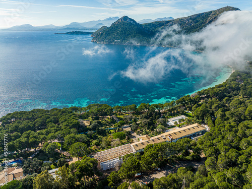 Aerial view of Formentor Peninsula with Formentor Beach, Hotel Royal Hideaway Formentor, Hotel Formentor, Cala Pi de la Posada, Illa del Geret Port de Pollenca, Mallorca,  Spain photo