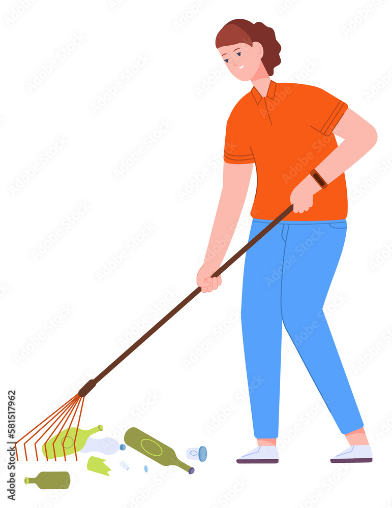 Volunteer clening garbage. Woman collect litter from ground