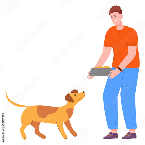 Man feeding dog. Person with pet food bowl