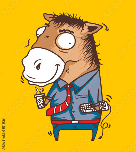 Tired Horse Office Employee with Mug of Coffee and Keyboard in Hand Funny Vector Illustration