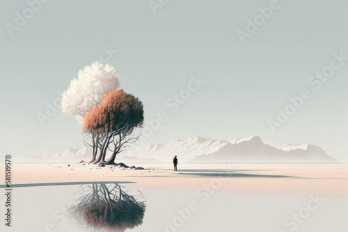 A minimalistic illustration with a person  two trees with mountains on a background. Trees are reflecting in a lake. Created with Generative AI.