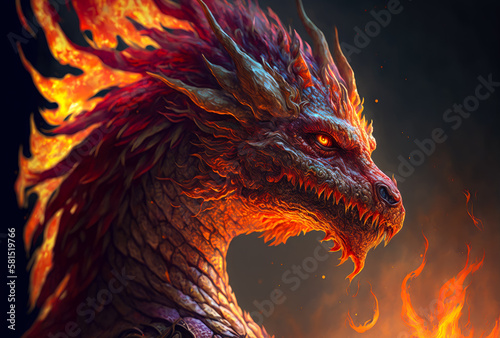 A portrait of a red fire dragon on a black background. Created with Generative AI.
