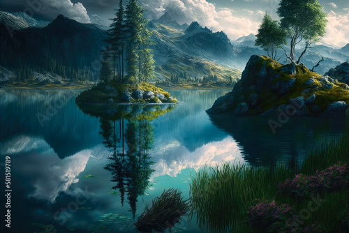 A beautiful landscape with a lake with an island in the middle and trees. Created with Generative AI.