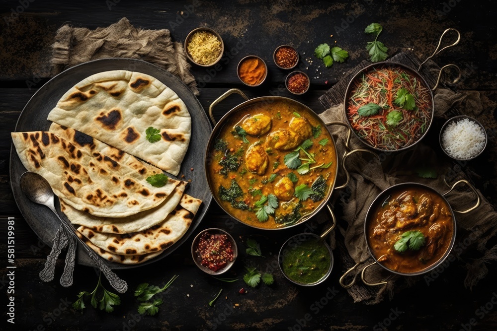 Assorted various Indian food on a dark rustic background. Traditional Indian dishes Chicken tikka masala, palak paneer, saffron rice, lentil soup, pita bread and spices. Top view, flat lay. Generative