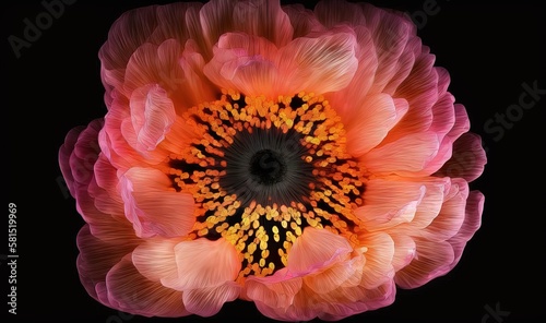  a large pink flower with a black center on a black background with a white center on the center of the flower and a yellow center on the center of the flower.  generative ai