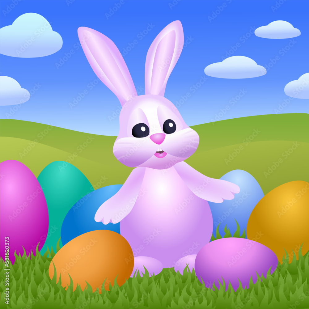 Easter bunny with colorful easter eggs on green meadow vector illustration. Easter egg hunt. Cute rabbit character. Easter bunny with colorful easter eggs on green meadow vector illustration. Easter egg hunt. Cute rabbit character.