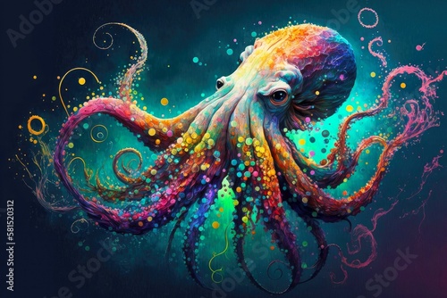 beaful octopus sea with bright multi-colored spots on head and tentacles, created with generative ai photo