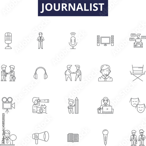 Journalist line vector icons and signs. Correspondent, Anchor, Media, Columnist, Scribe, Editor, Publisher, Newscaster outline vector illustration set