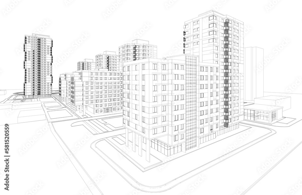 Modern buildings architectural drawing 3d illustration Modern buildings architectural drawing 3d illustration